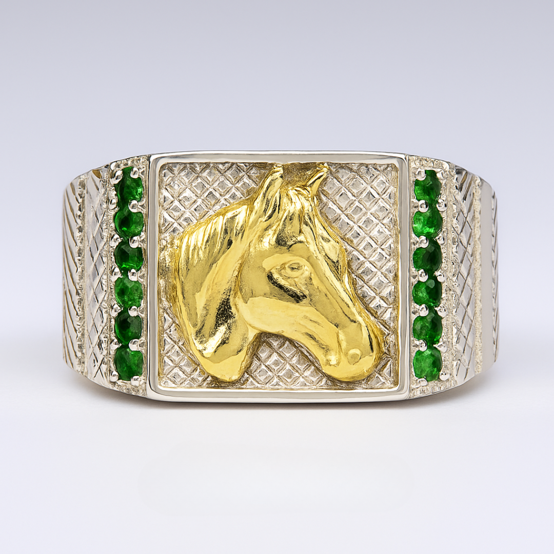 Anillo con cabeza de caballo y circones verdes – REF C03