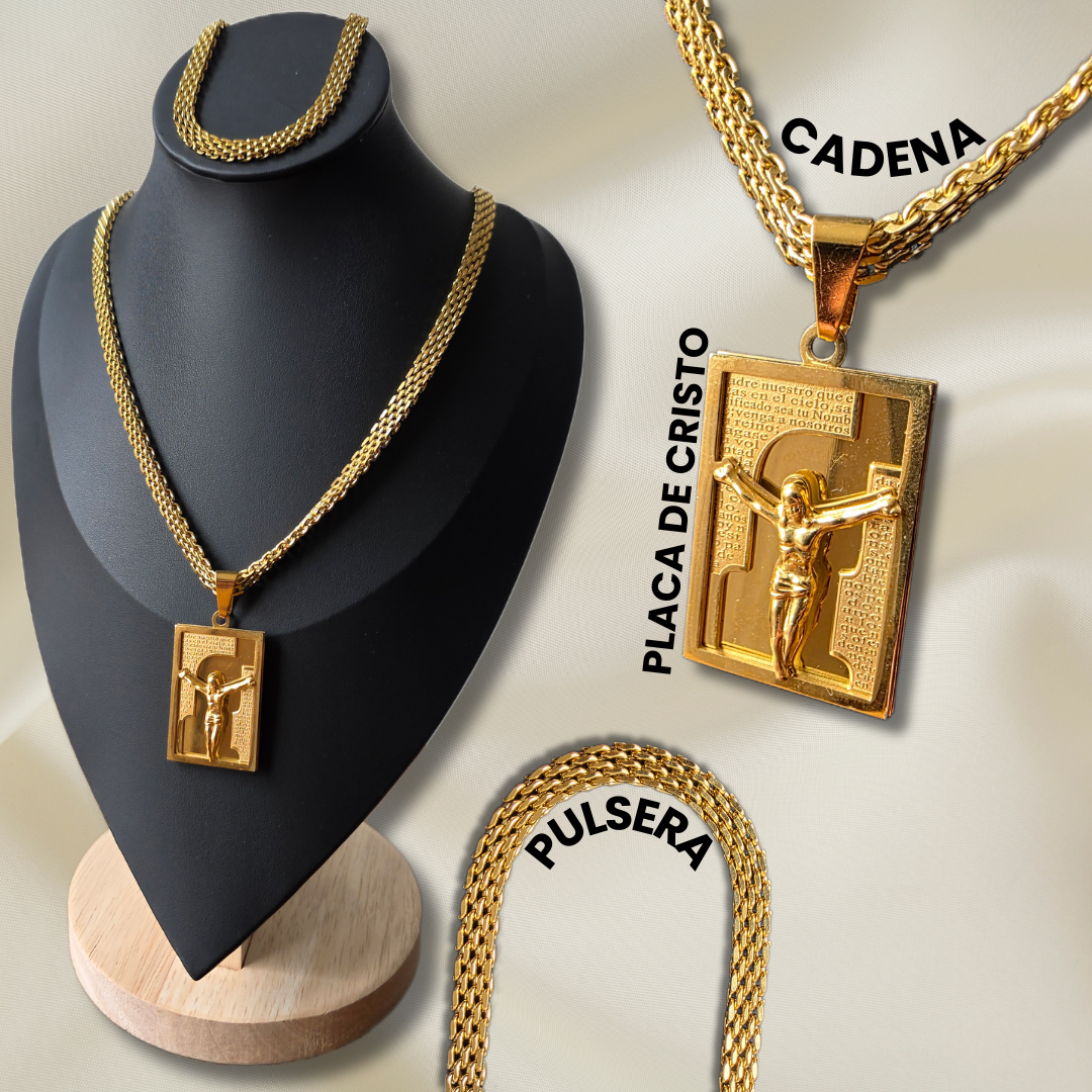 Cadena Chinesca con Placa de Cristo y Pulsera