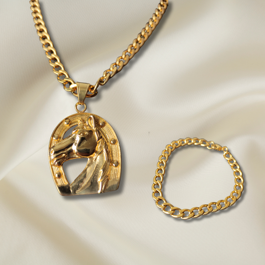 Cadena cubana + Pulsera + Caballo Herradura