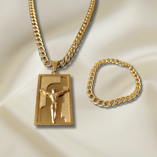 Cadena cubana + pulsera + Placa Cristo