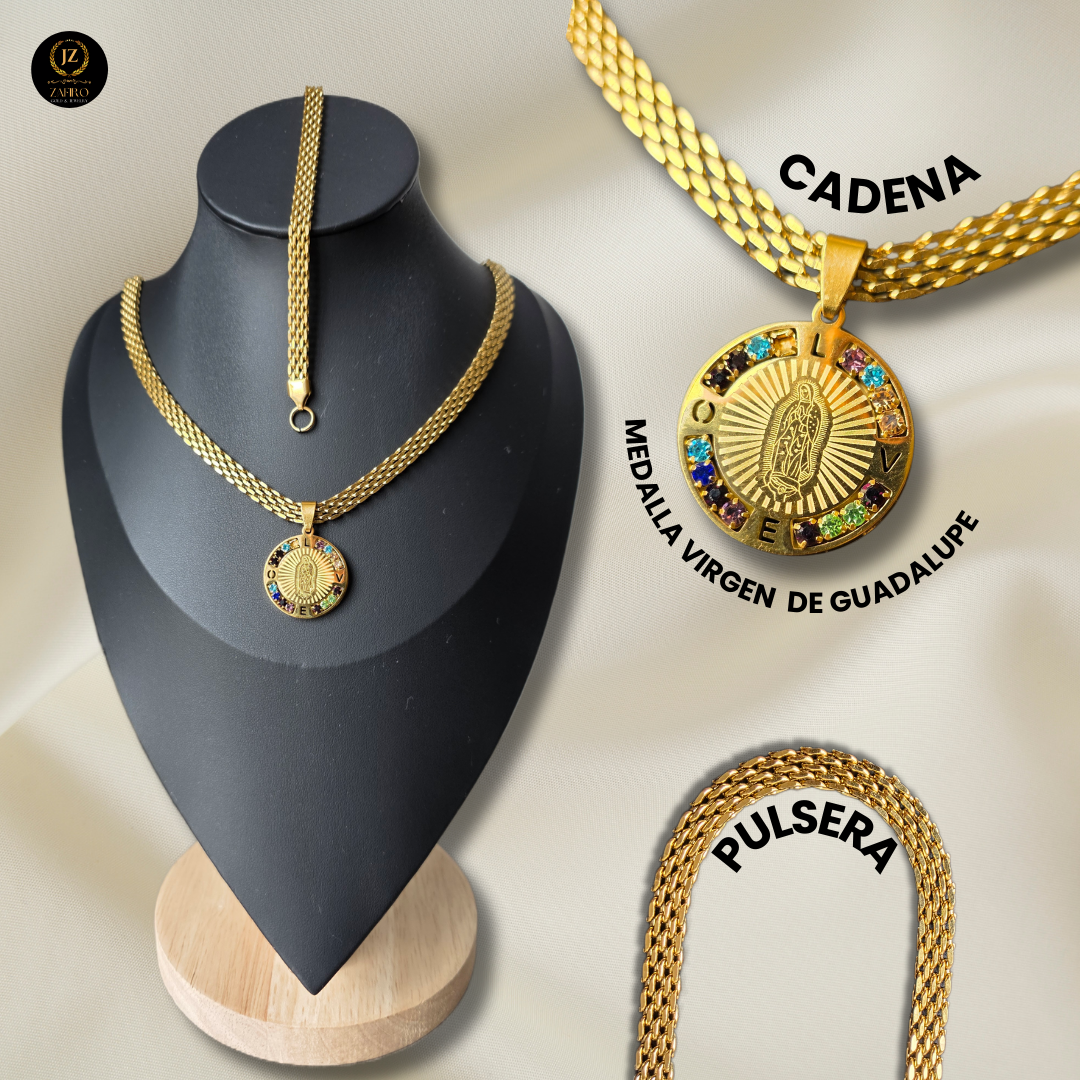 Cadena Chinesca con Medalla de la Virgen de Guadalupe y Pulsera