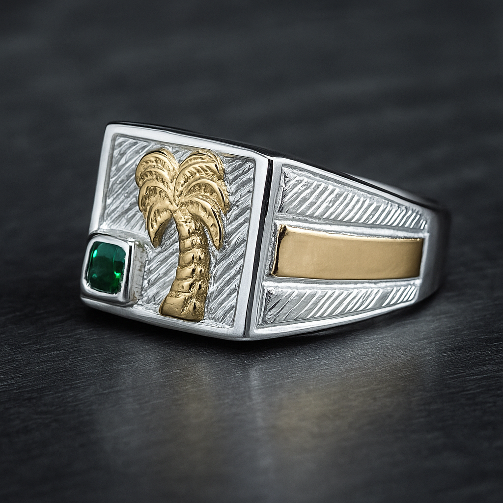 Anillo Palmera – Plata y Oro con Circón Verde