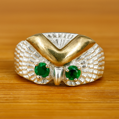 Anillo en Plata - Búho y circones verdes – REF B02