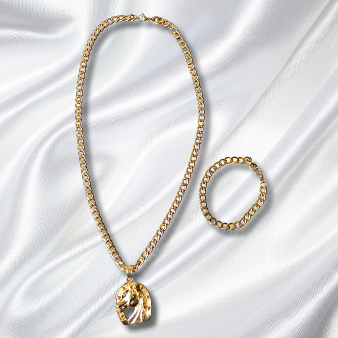 Cadena cubana + Pulsera + Caballo Herradura