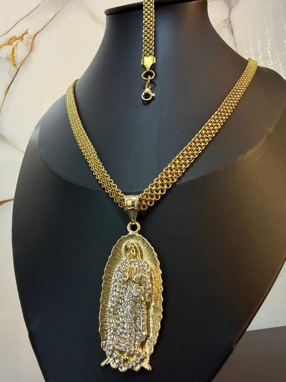 Cadena y Pulsera Tejido Chino + Guadalupe Diamantada