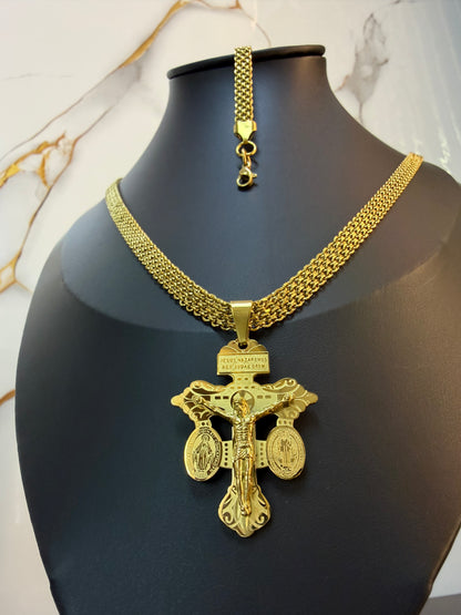 Cadena y Pulsera Tejido Chino + Cruz del Perdón