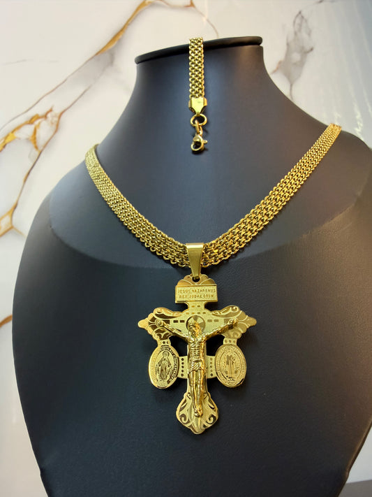 Cadena y Pulsera Tejido Chino + Cruz del Perdón