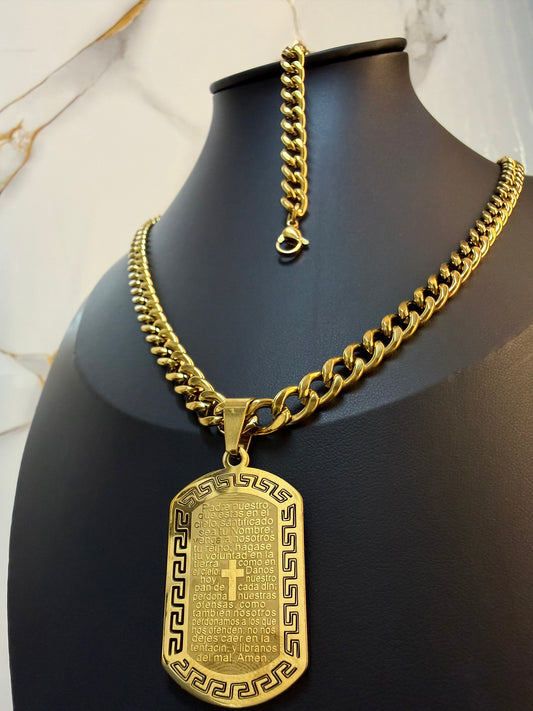 Cadena Cubana y Pulsera + Placa Padre Nuestro