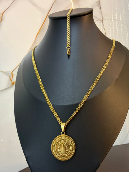 Cadena Tejido Chino 60x4 y Pulsera + Medalla San Benito