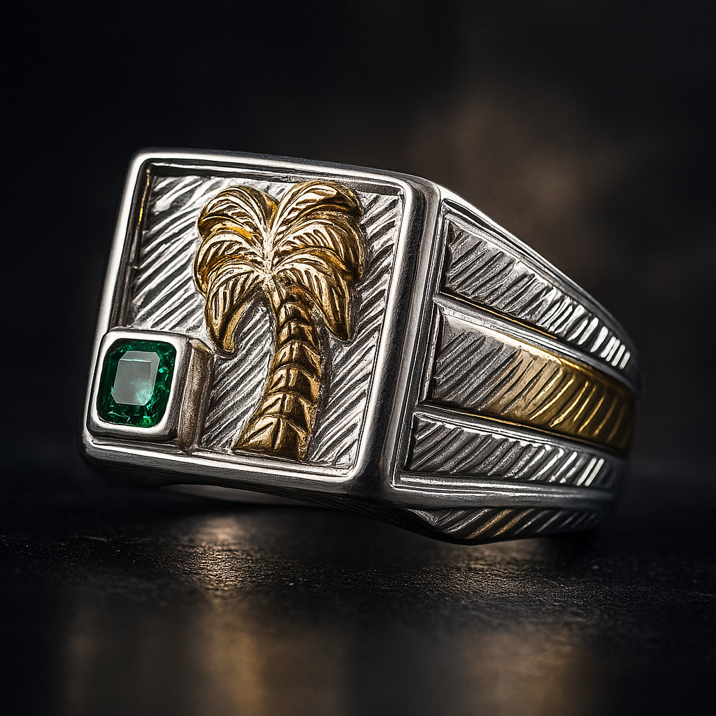 Anillo Palmera – Plata y Oro con Circón Verde